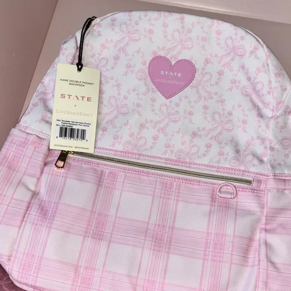 LoveShackFancy state pink coquette bow and gingham print backpack bag - Picture 11 of 12